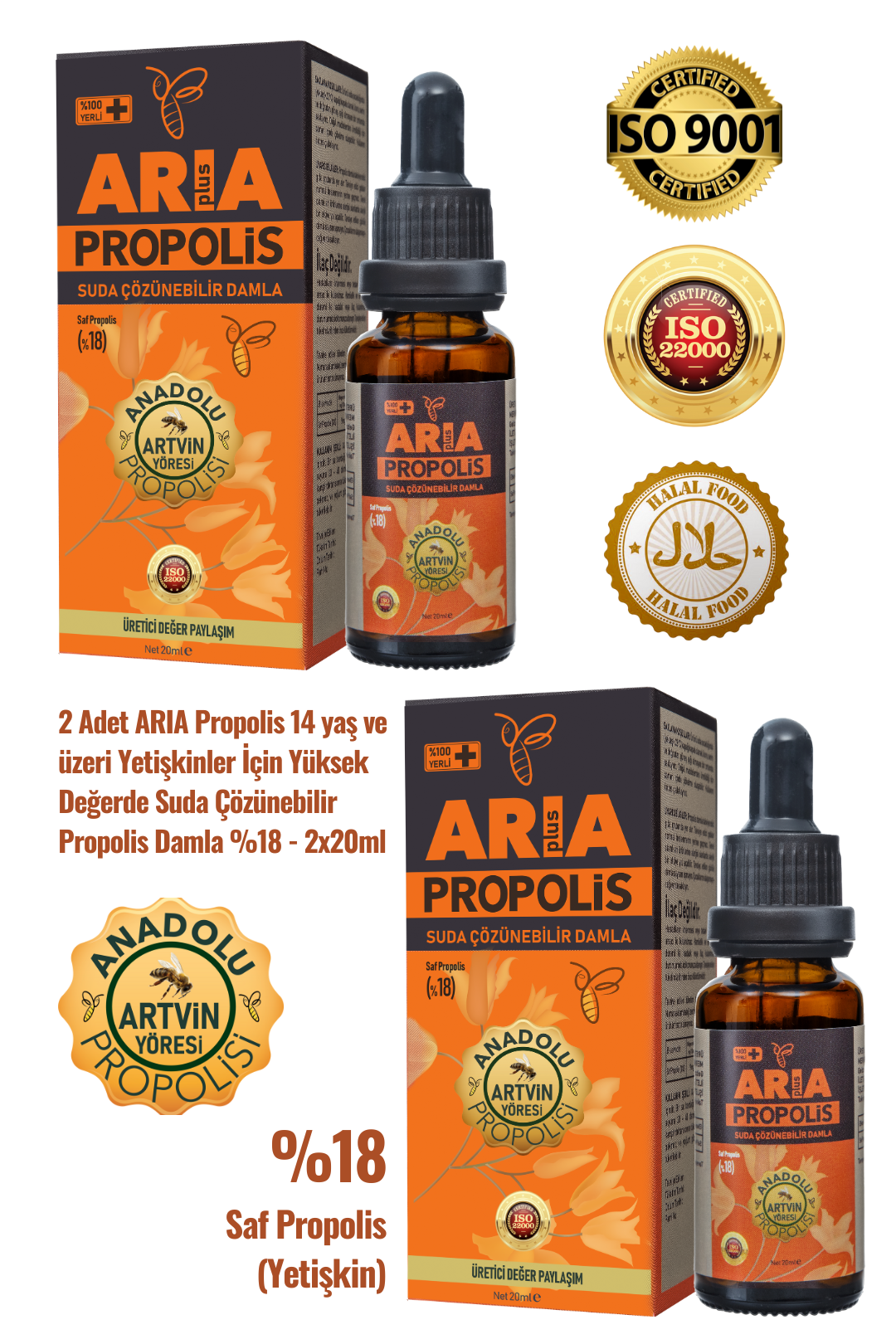 2 Adet Yetişkinler İçin Suda Çözünebilir Yüksek Değerde Propolis Damla %18 - 2x20ml