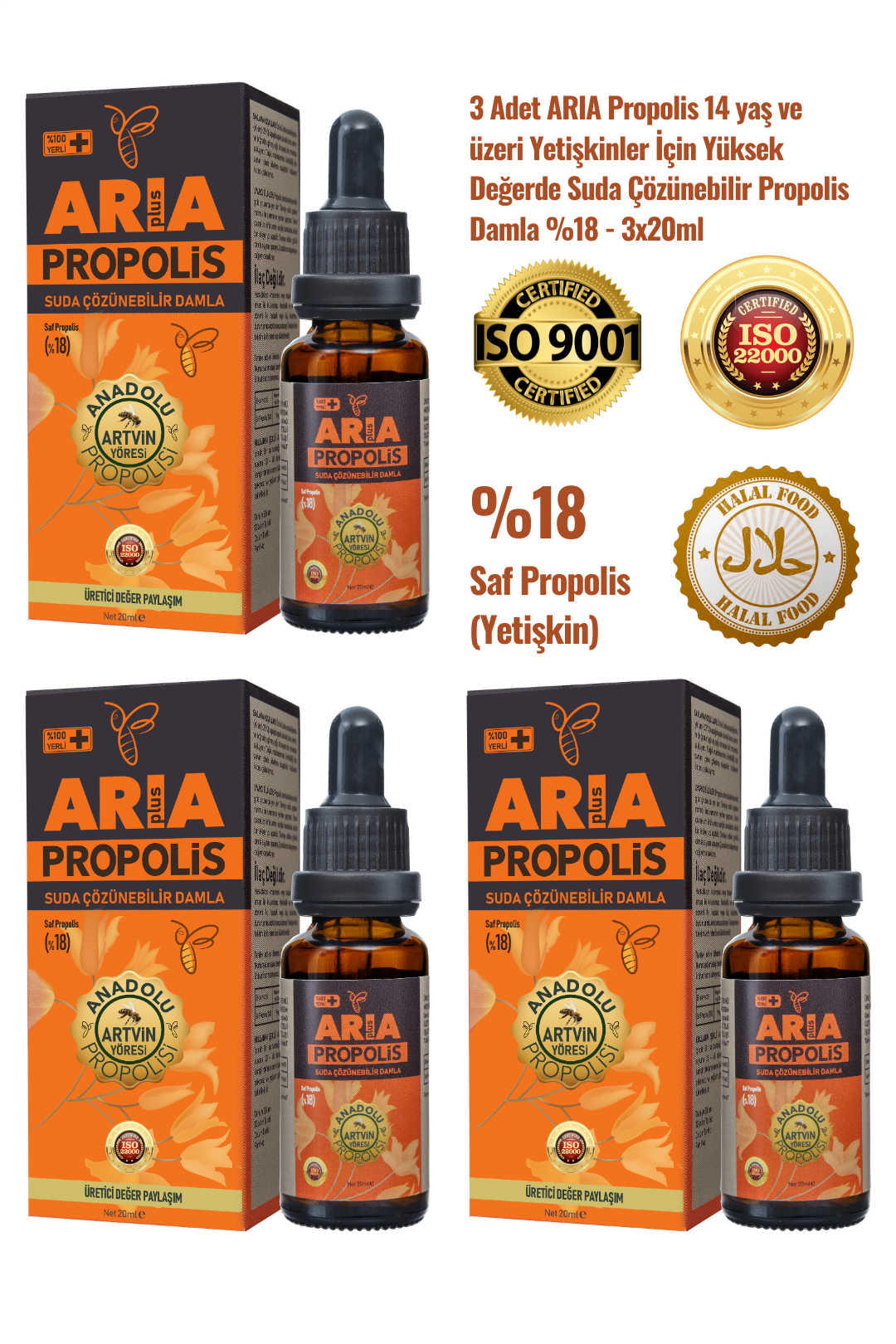 3 Adet Yetişkinler İçin Suda Çözünebilir Yüksek Değerde Propolis Damla %18 - 3x20ml